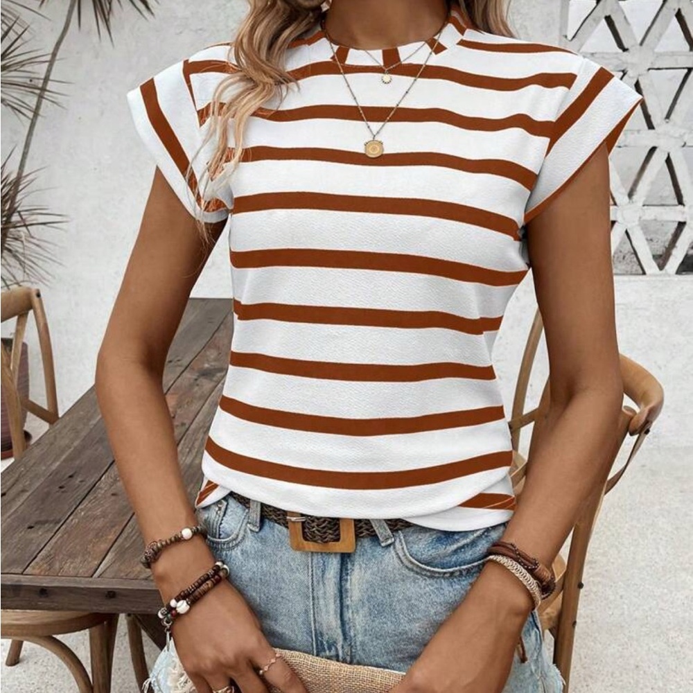 SHEIN Calvaya Brown and White stripped Cap Sleeve Tee